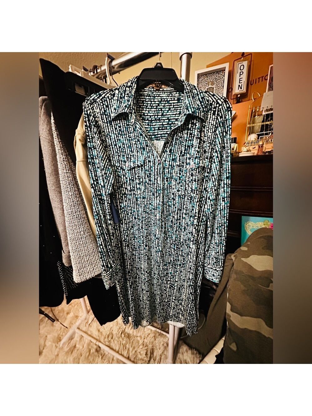 Ellen Tracy Blue and White Patterned button up dress